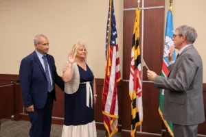 Dawn Marcus swearing into the office of County Clerk on May 23, 2023