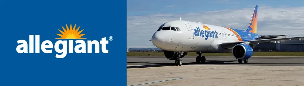Allegiant logo and a photo of a allegiant plane