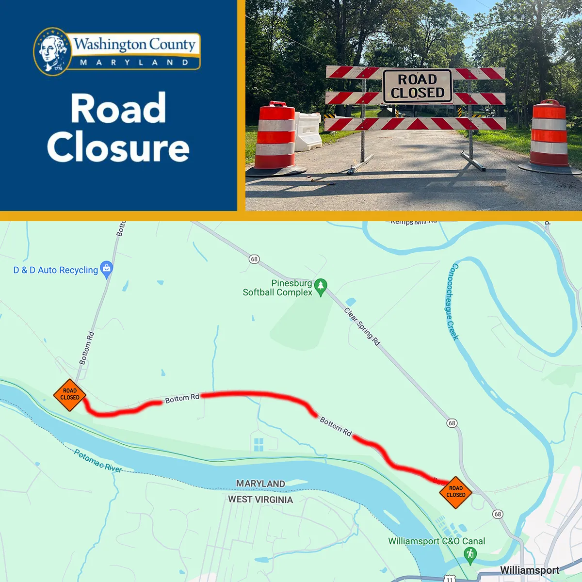 TRAFFIC ALERT Road Closure Extension on Bottom Road Washington County