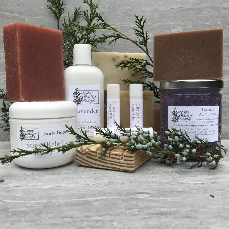 602e83967a923 photo of products offered by cedar ridge including body butter lotion, balm, and soap
