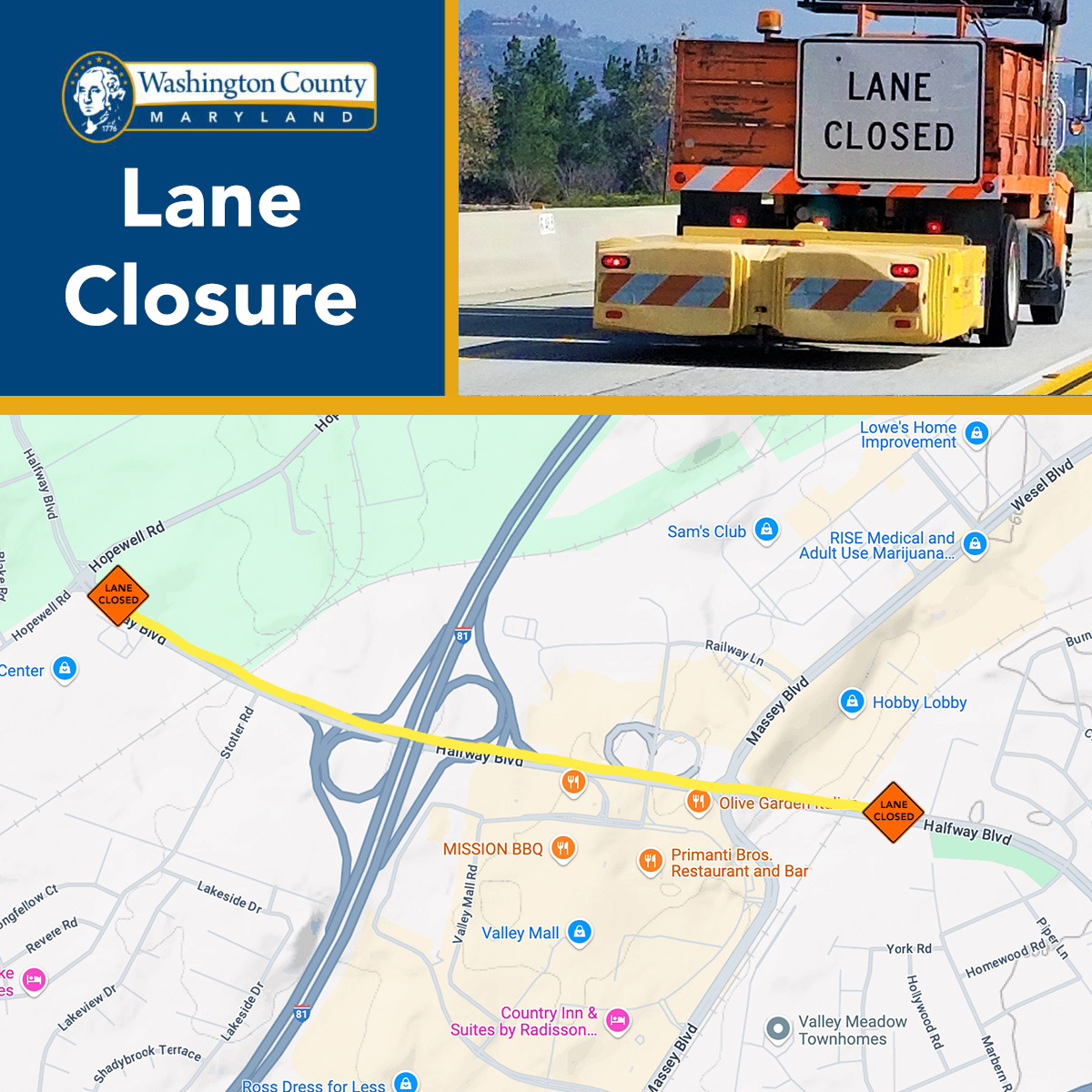 TRAFFIC ALERT: Lane Closure on Halfway Boulevard - Washington County