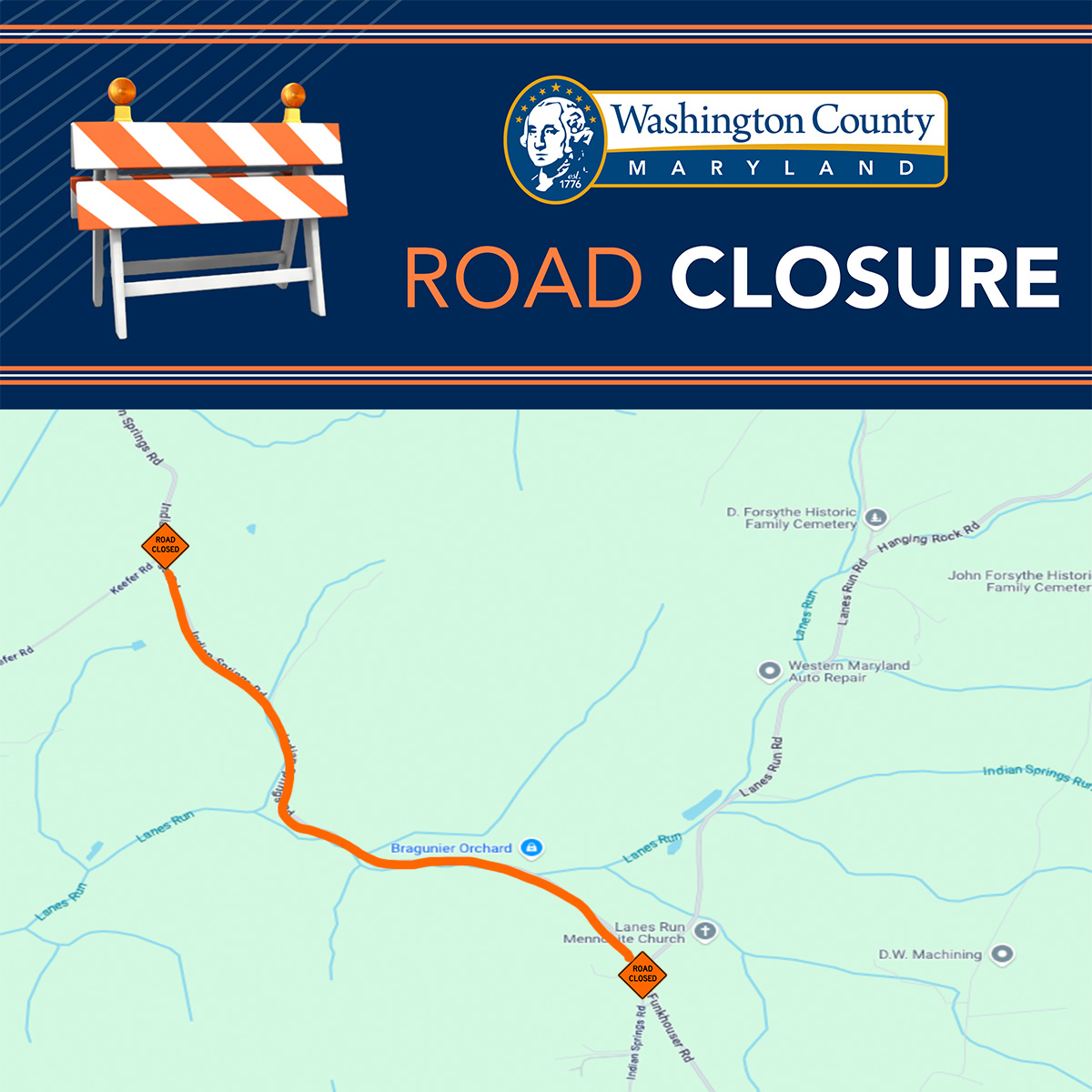 TRAFFIC ALERT: Road Closure on Indian Spring Road - Washington County