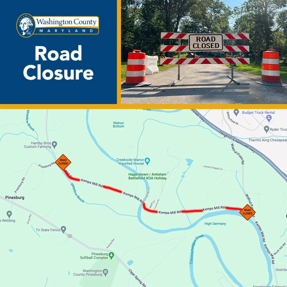 TRAFFIC ALERT Road Closure on Kemps Mill Rd Washington County