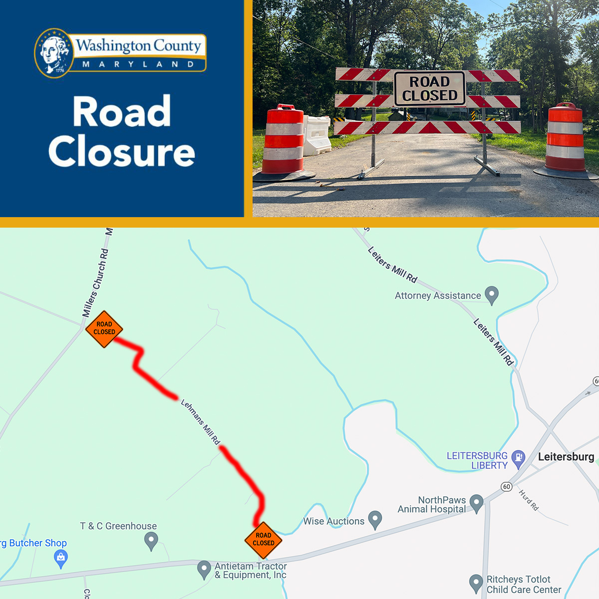 TRAFFIC ALERT Closure On Lehmans Mill Road Washington County traffic-alert-closure-on-lehmans-mill-road-washington-county