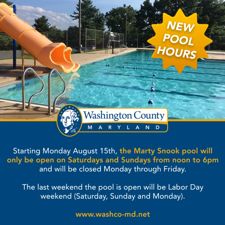 Effective Monday, August 15, 2022, The Washington County Parks and Recreation Department announces Marty Snook Pool will be closed Monday through Friday and will open on Saturdays and Sundays from 12:00 p.m. to 6:00 p.m. The pool will be open for Labor Day weekend, including Monday, September 5, 2022. The pool will then close for the season after Monday, September 5, 2022