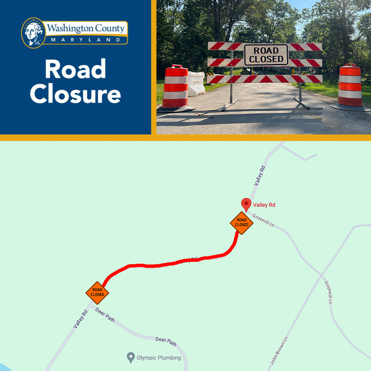 TRAFFIC ALERT Road Closure on Valley Road Washington County